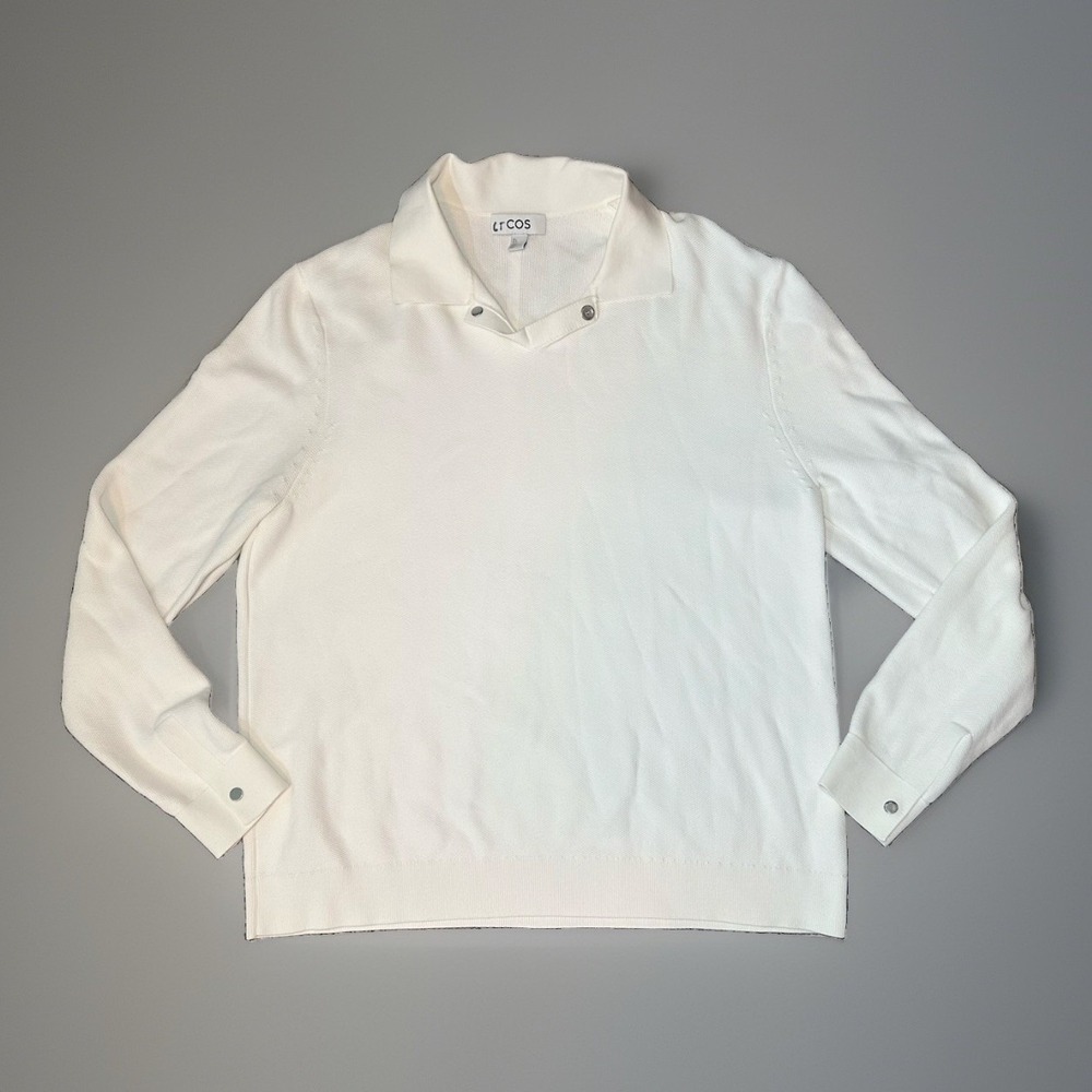 COS‎ Men's LARGE Honeycomb Knit Polo Long Sleeve Shirt Off White Minimalist